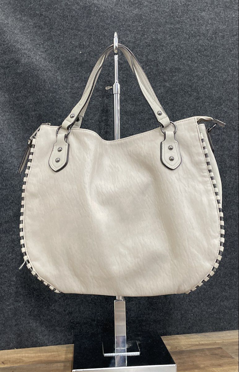 Jessica Simpson Grey Leather Shoulder Bag Hobo Purse Whipstitch Trim