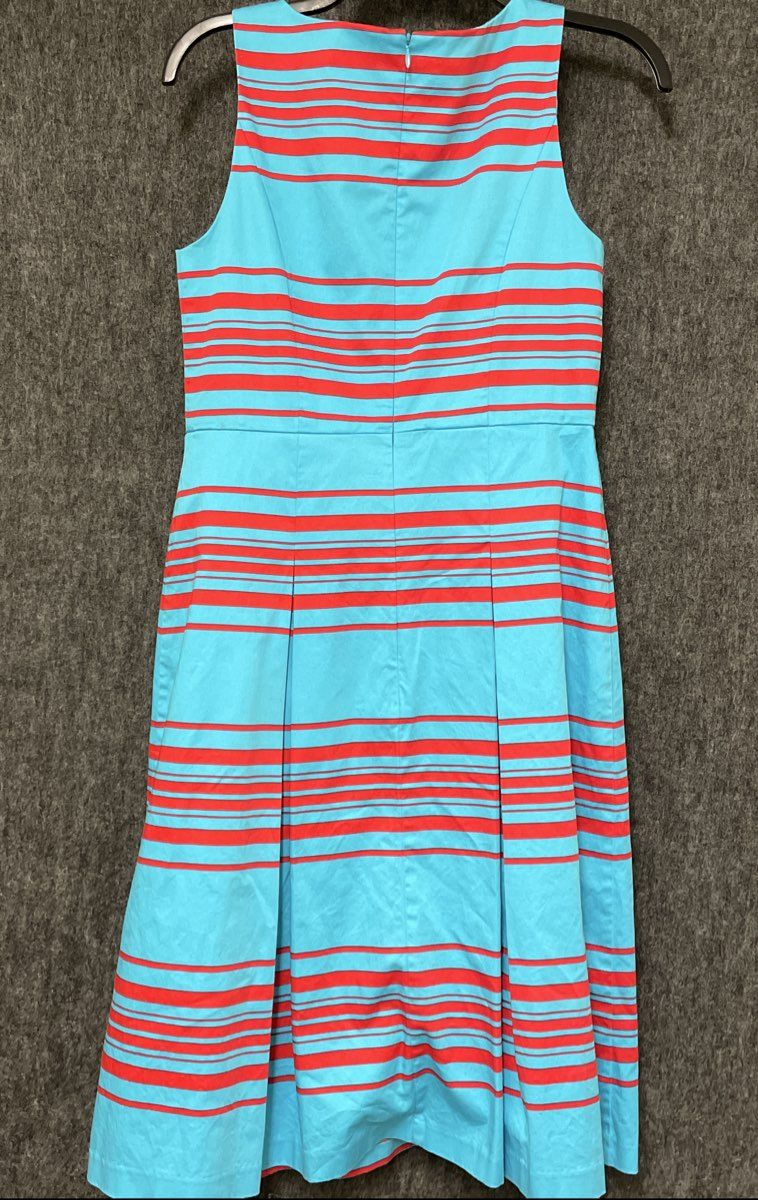 Talbots Women's Blue Red Striped Sleeveless Fit Flare A-Line Pleated Dress Sz 4