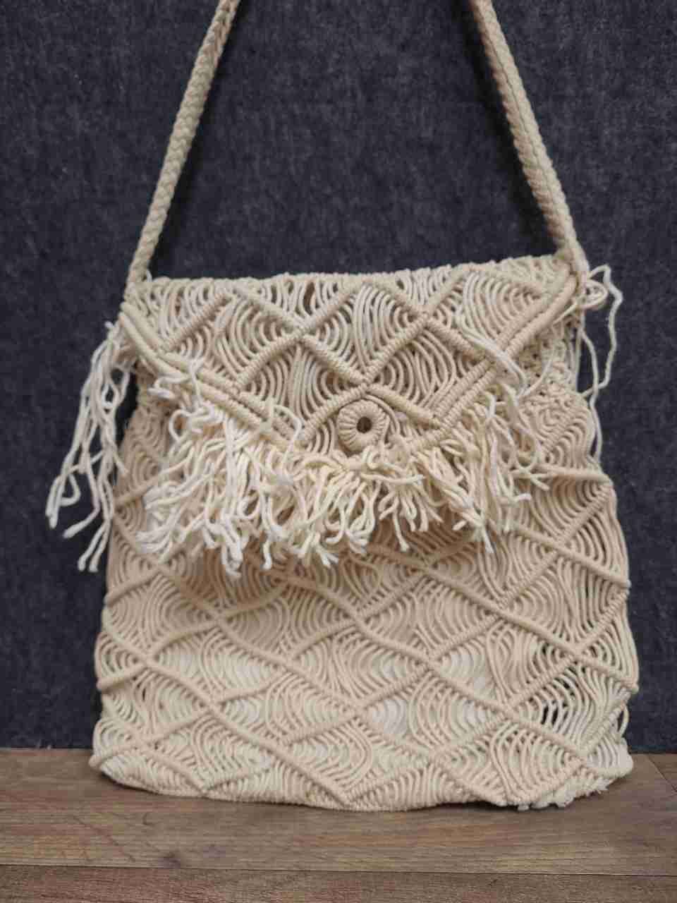 Vintage Cream Macrame Boho Shoulder Bag Fringe Knotted Cotton 70s Style