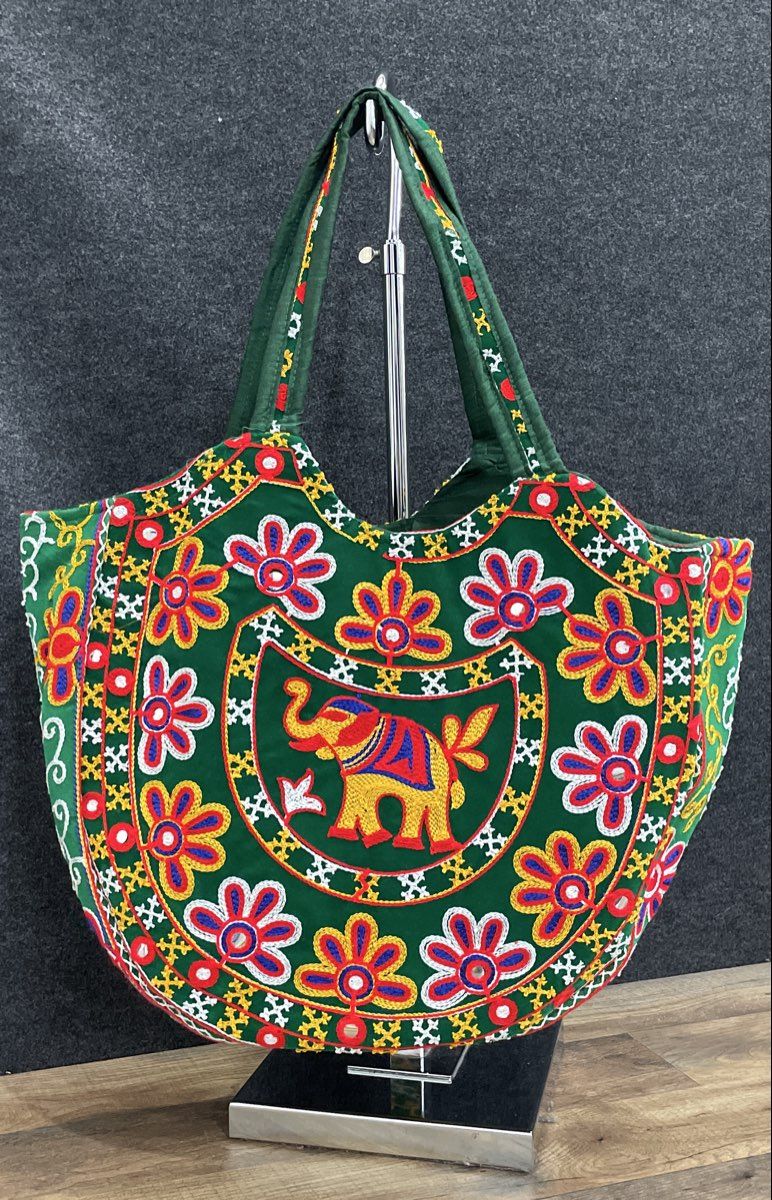 Green Embroidered Elephant Shisha Mirror Work Fabric Tote Shoulder Bag