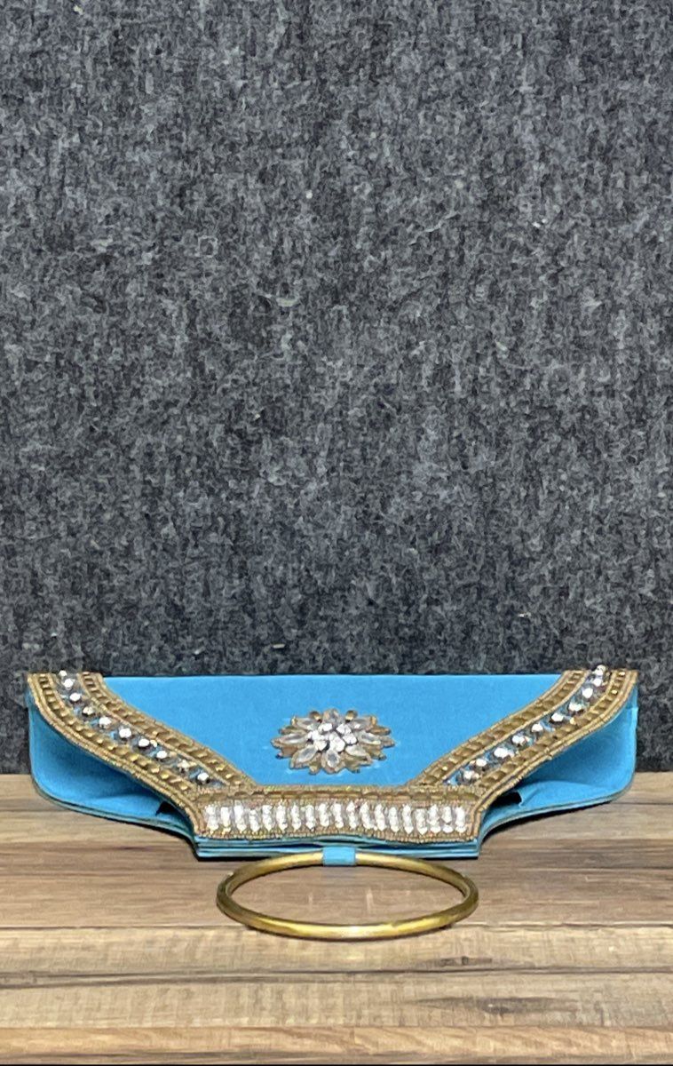 Turquoise Blue Handcrafted Beaded Ethnic Evening Clutch Bag Ring Handle