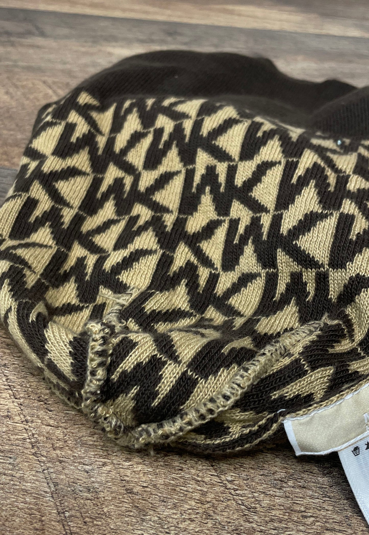 Michael Kors Women's Beanie Hat Brown Tan Monogram Logo Knit MK Print