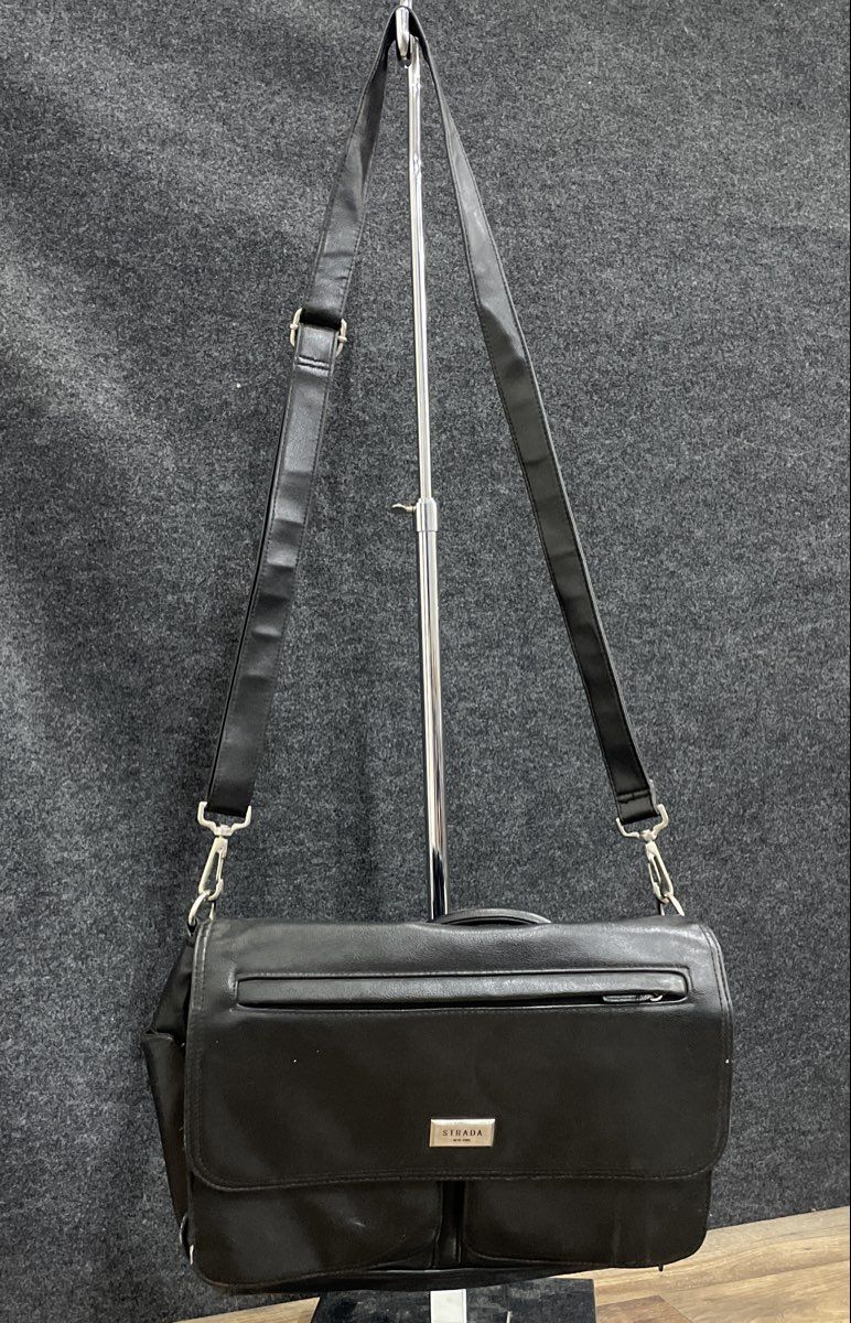 Strada New York Black Leather Messenger Bag Laptop Briefcase Silver Hardware