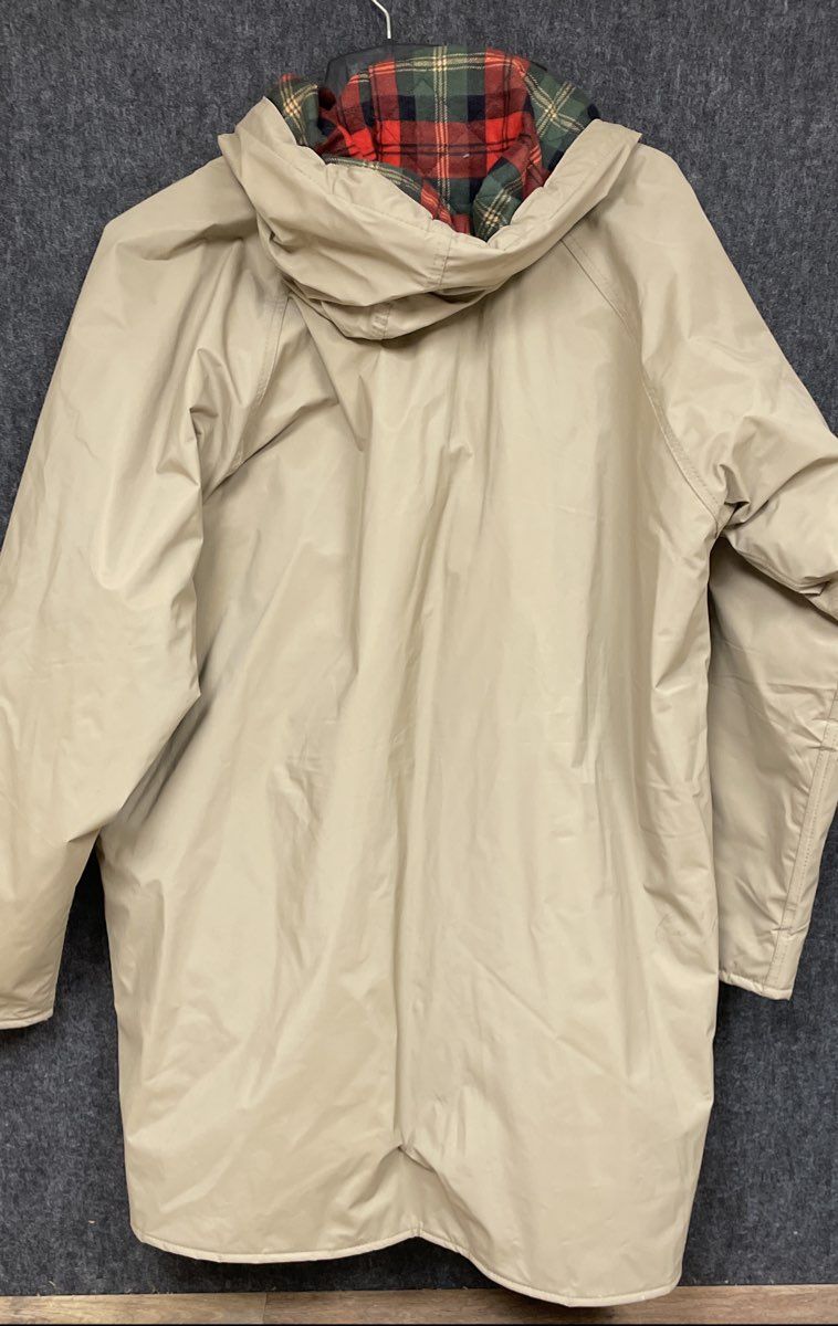 Vintage 90s Totes Tan Vinyl Rain Coat Jacket Plaid Lined Hooded Size L