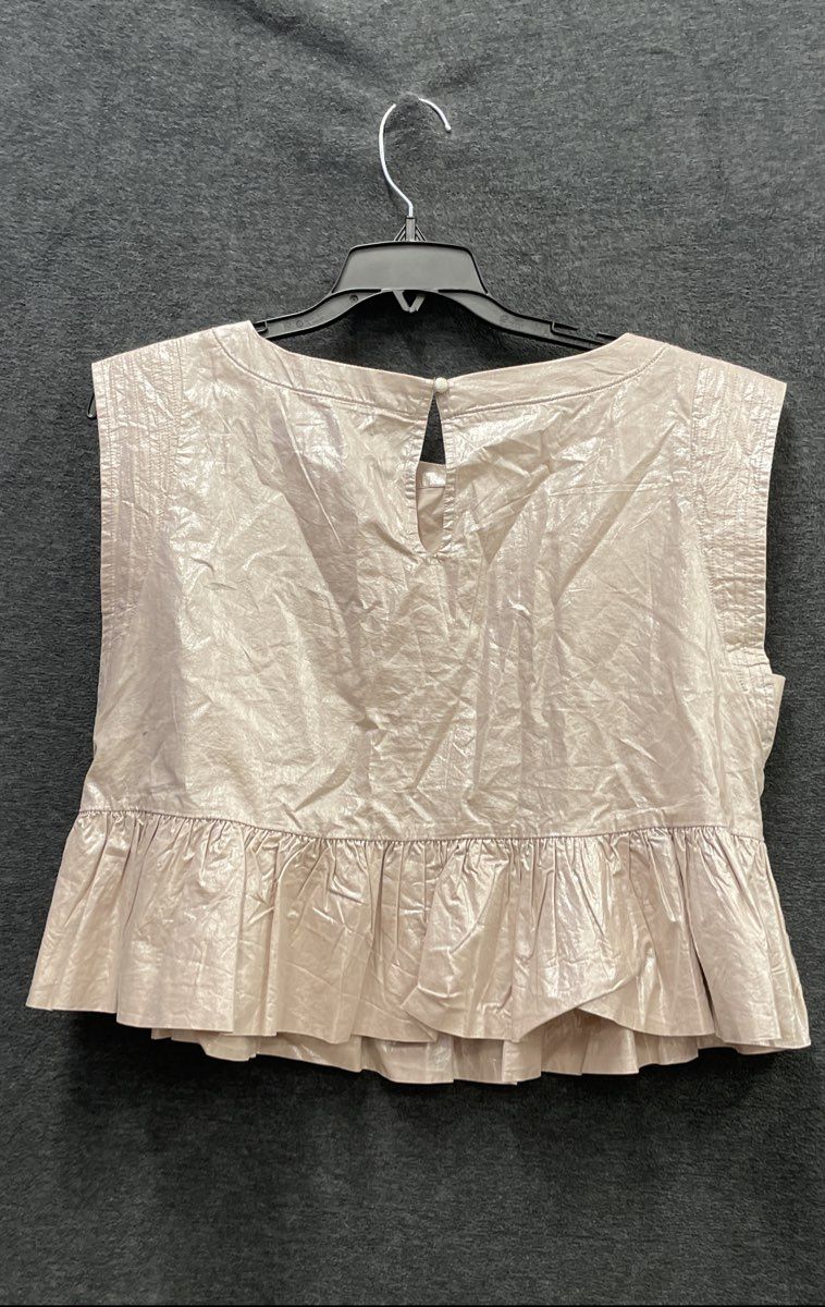 Anthropologie Women's Metallic Champagne Peplum Sleeveless Blouse Pom Pom Sz S