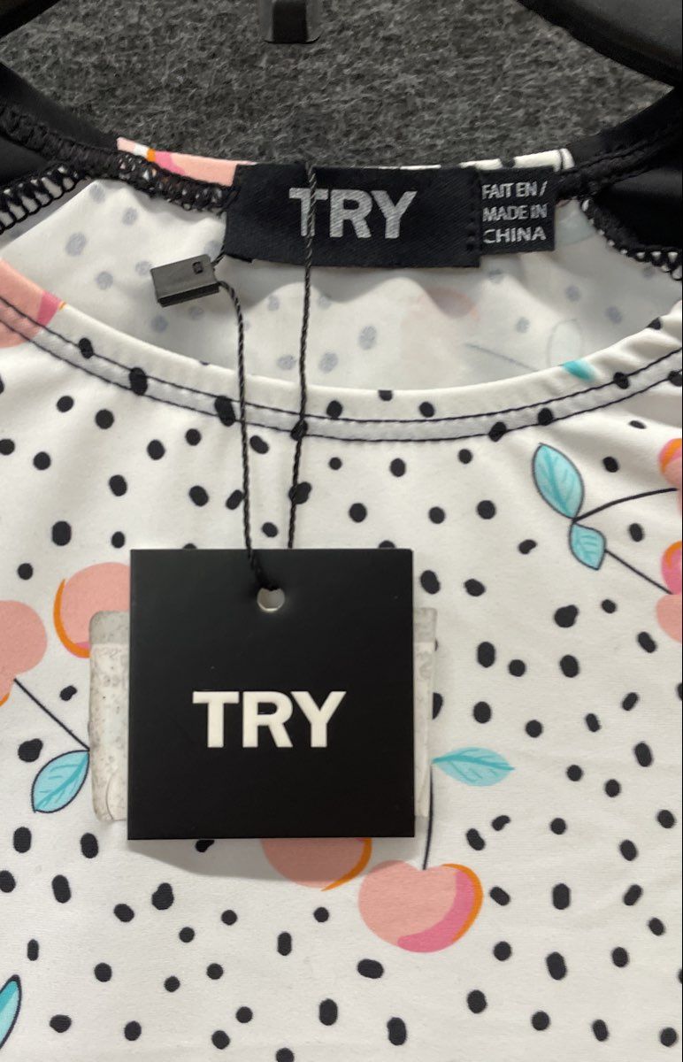 TRY Women's Fruit Print Cover Up Dress White Black Cherry Ruffled Tier Sz 16 NWT