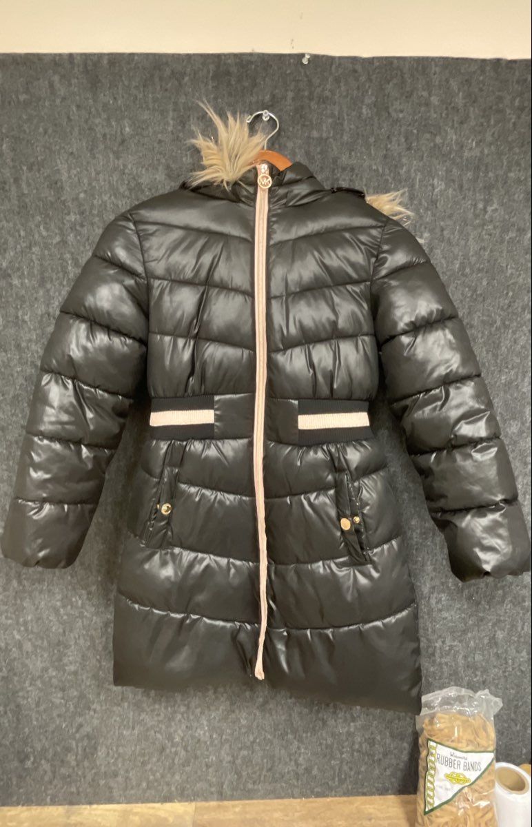 Michael Kors Girls Black Puffer Jacket Parka Faux Fur Hood Pink Trim Sz 10/12