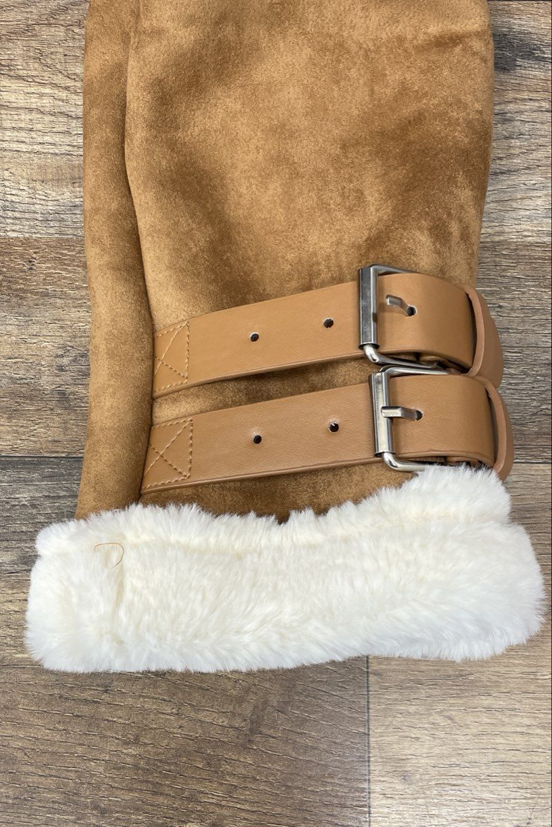 LF Women's Tan Faux Suede Shearling Aviator Moto Jacket Buckle Detail Sz M