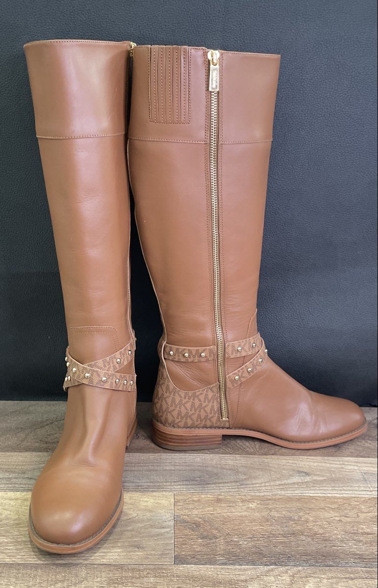 Michael Kors Brown Leather MK Monogram Studded Riding Boots Women's Size 9M