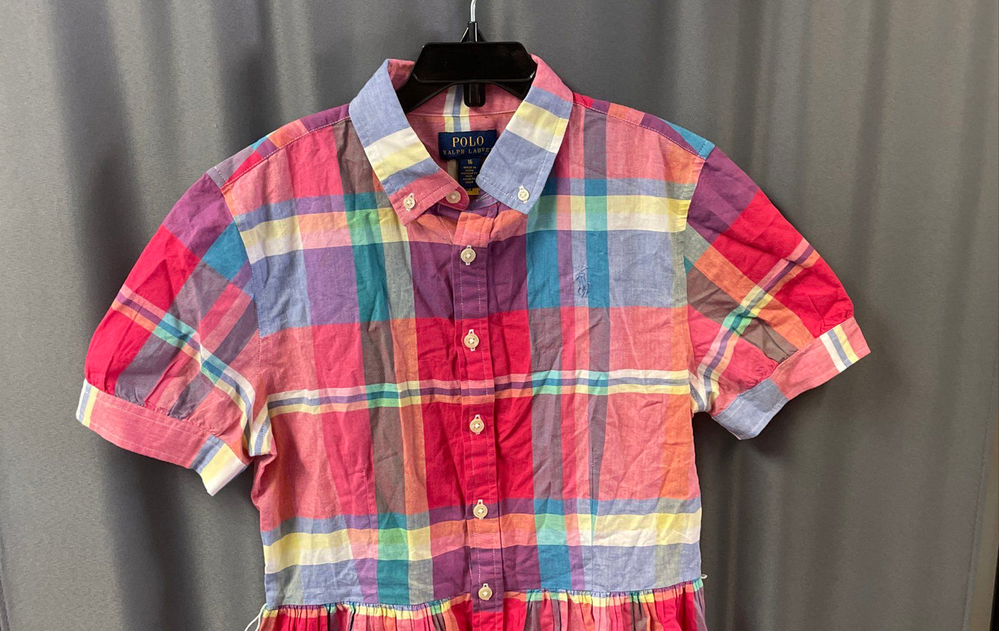 Polo Ralph Lauren Girls Plaid Dress Multicolor Short Sleeve Button Up Sz 16