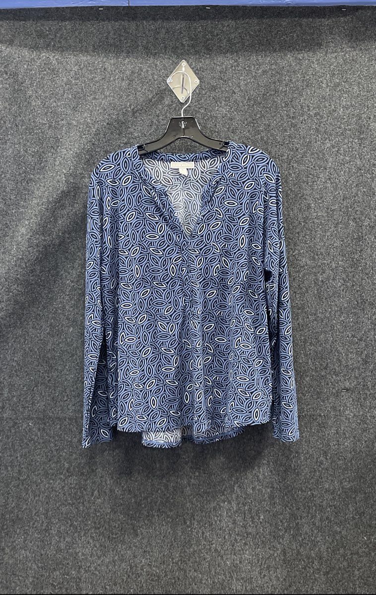 Dana Buchman Women's Blue Geometric Leaf Print Long Sleeve Split Neck Top Size M