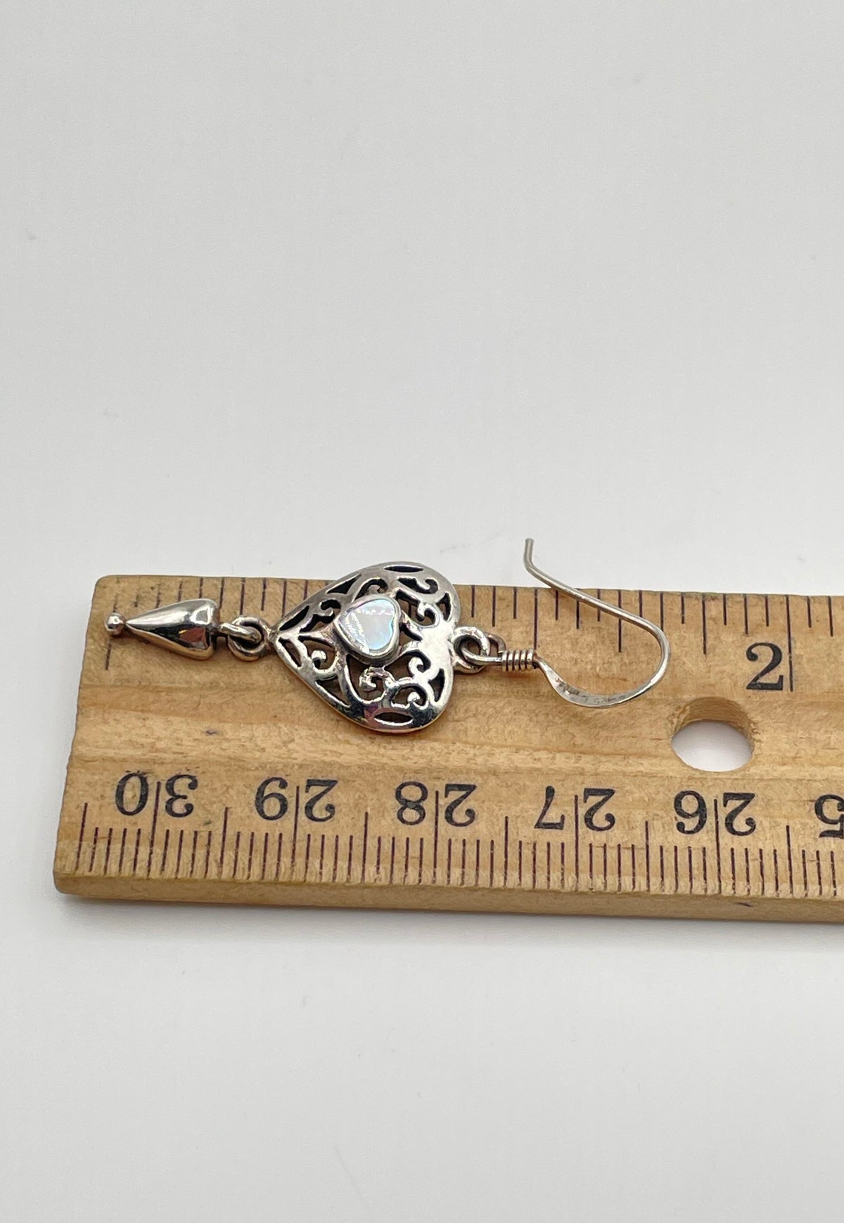 925 Sterling Silver Mother Of Pearl Openwork Filigree Heart Drop Earrings 3.8g