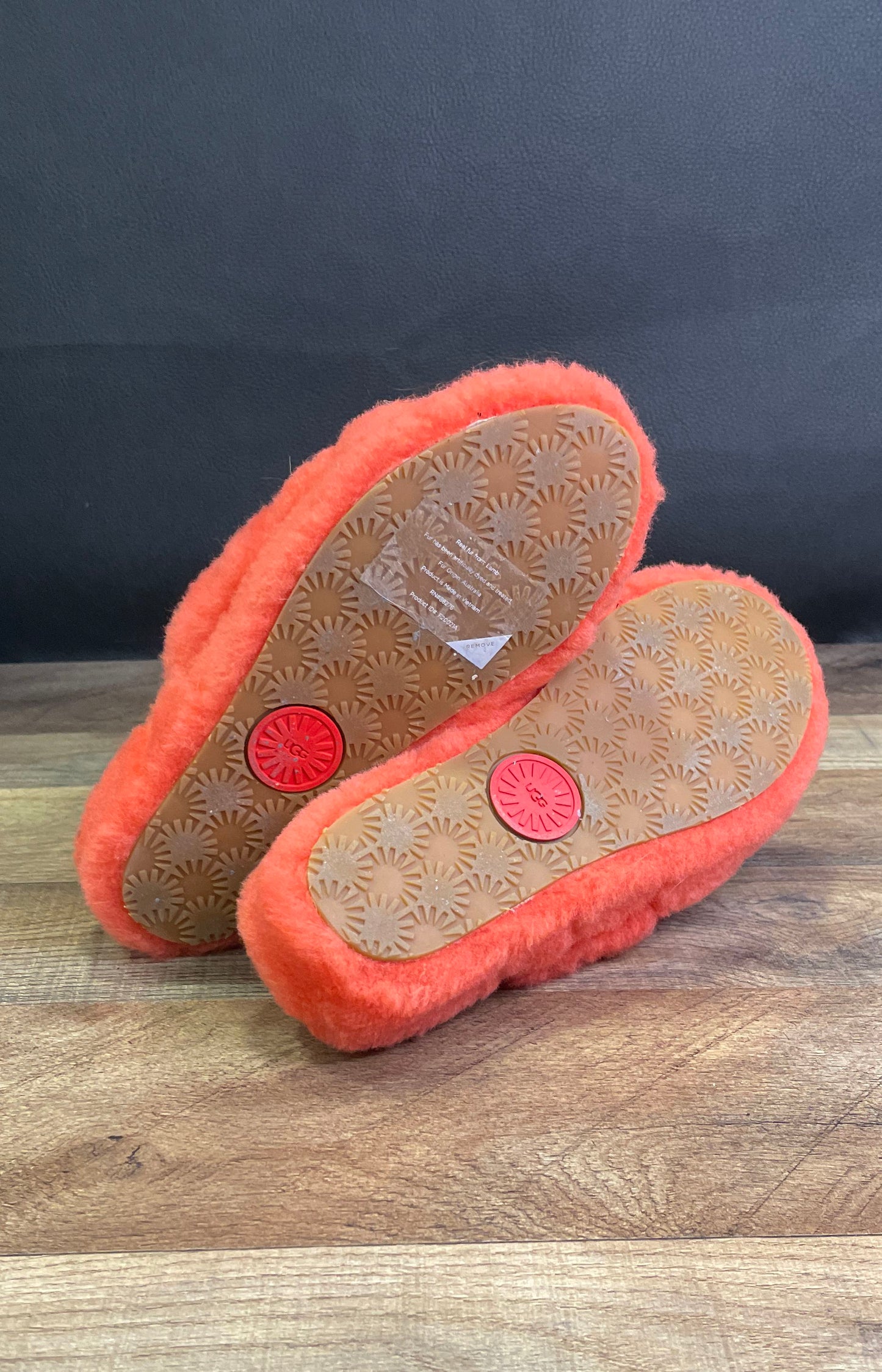 UGG Fluff Yeah Slide Coral Pink Sheepskin Elastic Strap Slippers Women's Size 7