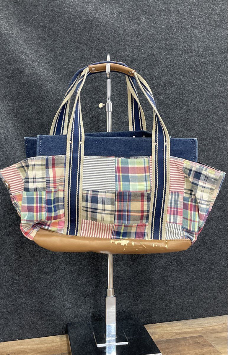 Tommy Hilfiger Multi-Color Patchwork Plaid Denim Tote Bag Large Fabric Purse
