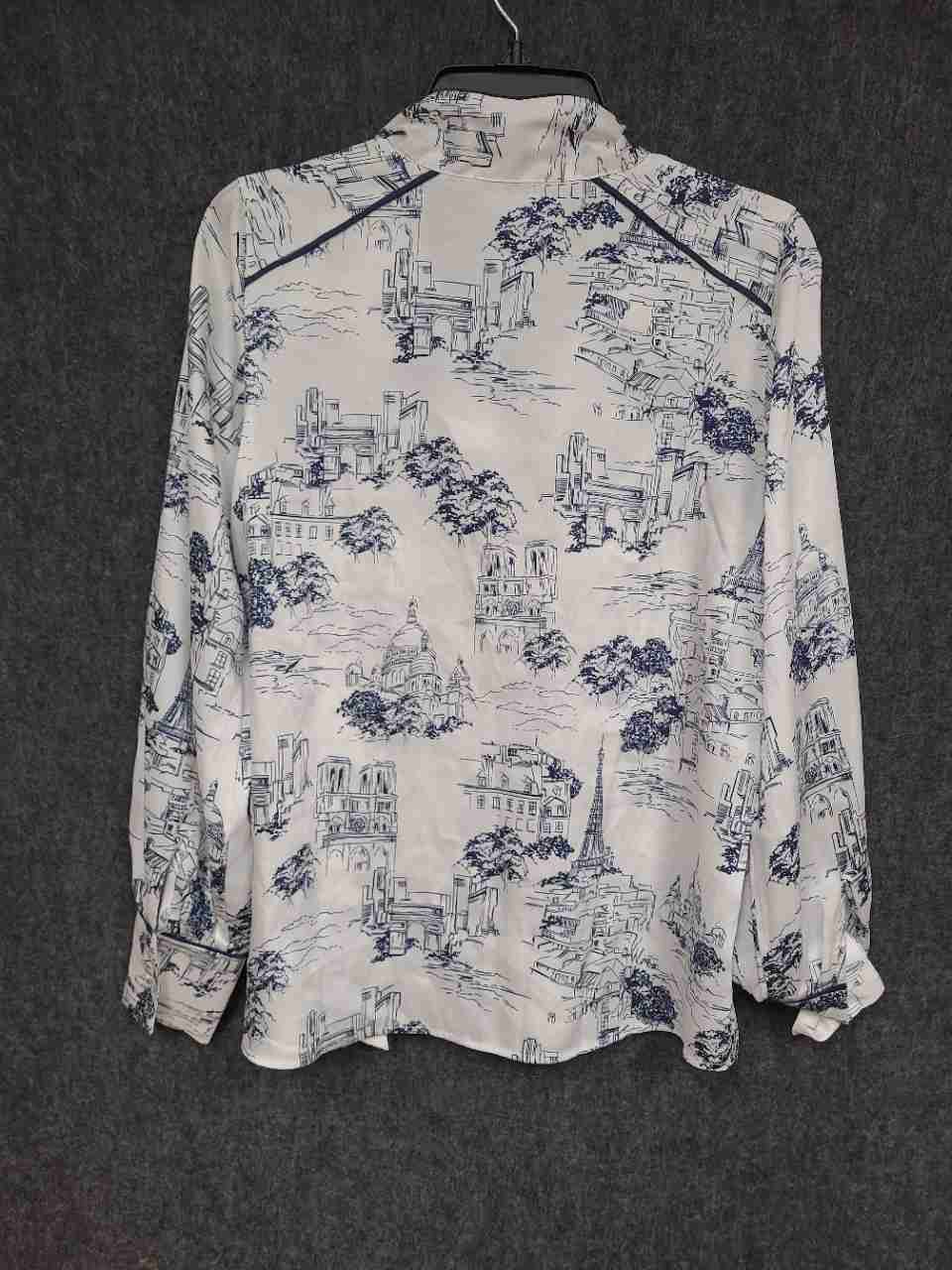Karl Lagerfeld Paris Women's Blue White Paris Toile Tie Neck Blouse Sz P