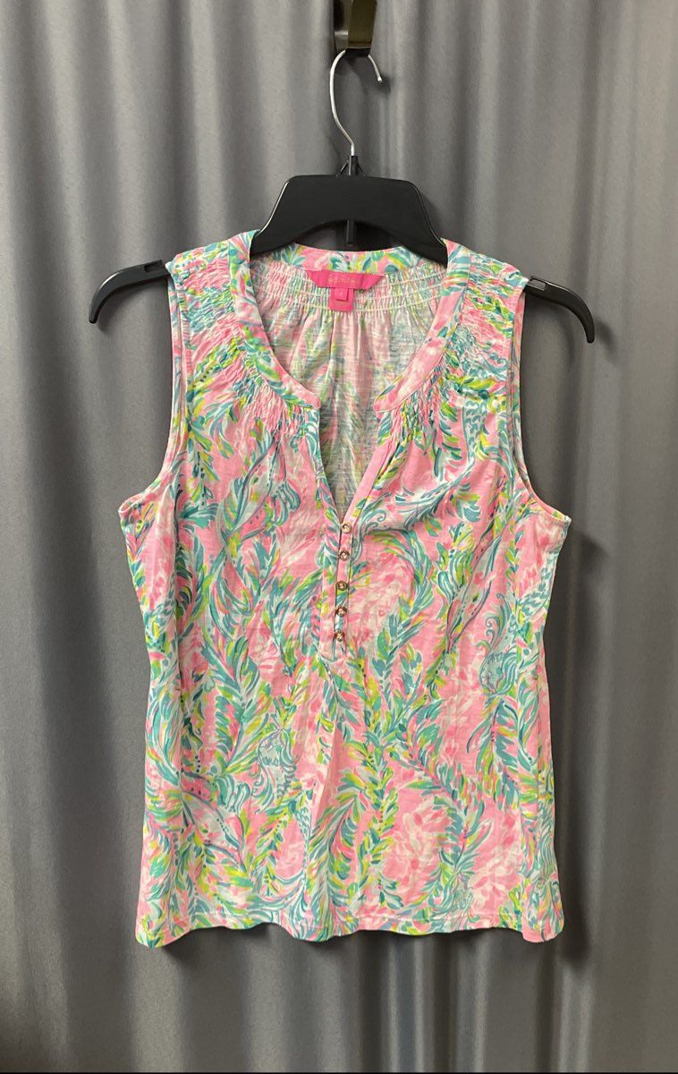 Lilly Pulitzer Women's Pink Tropical Floral Sleeveless Henley Cotton Top Sz S