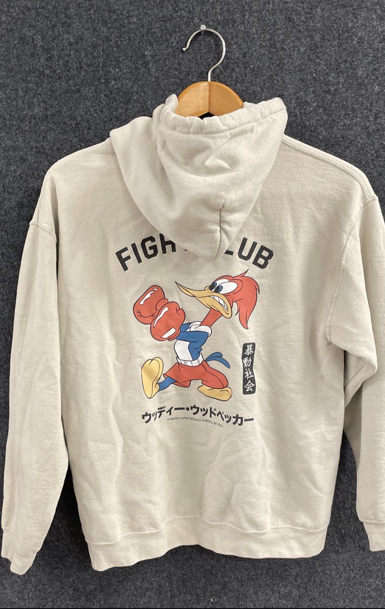 Riot Society Men's Woody's Fight Club Hoodie Cream Graphic Woody Woodpecker Sz M