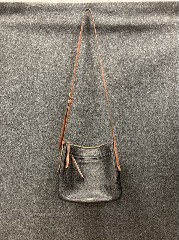 Fossil Black Pebbled Leather Crossbody Bag Brown Adjustable Strap Gold Tone