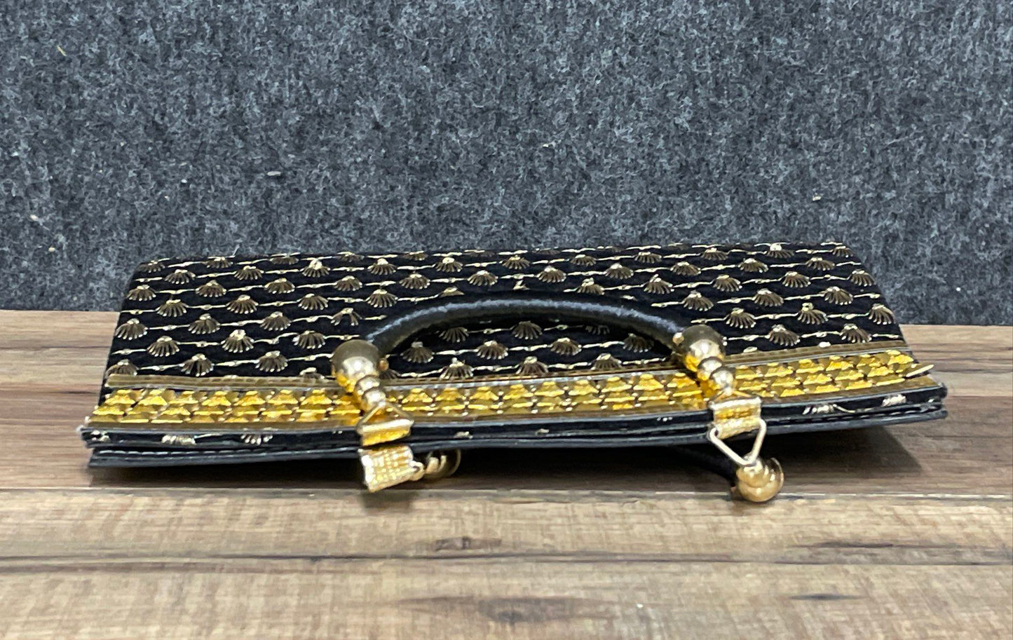 Vintage 90s Black Gold Embroidered Shell Top Handle Evening Handbag Clutch