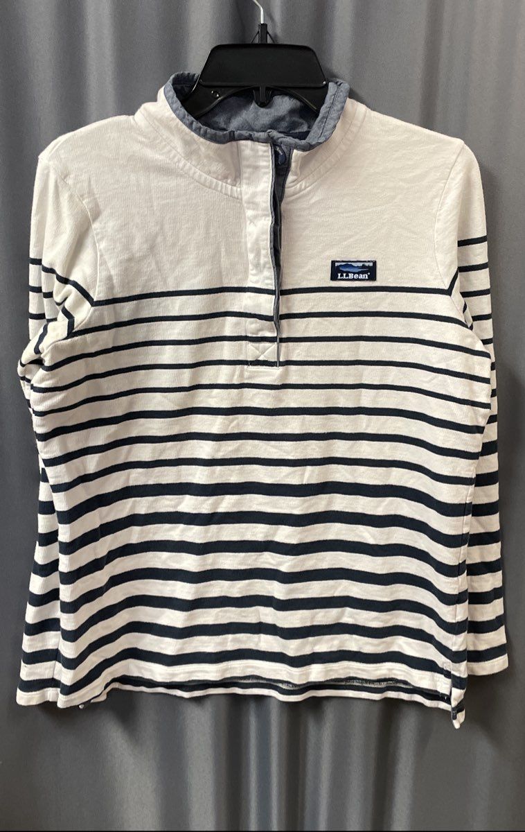 LL Bean Women's White Navy Blue Striped Long Sleeve Polo Rugby Shirt Sz M