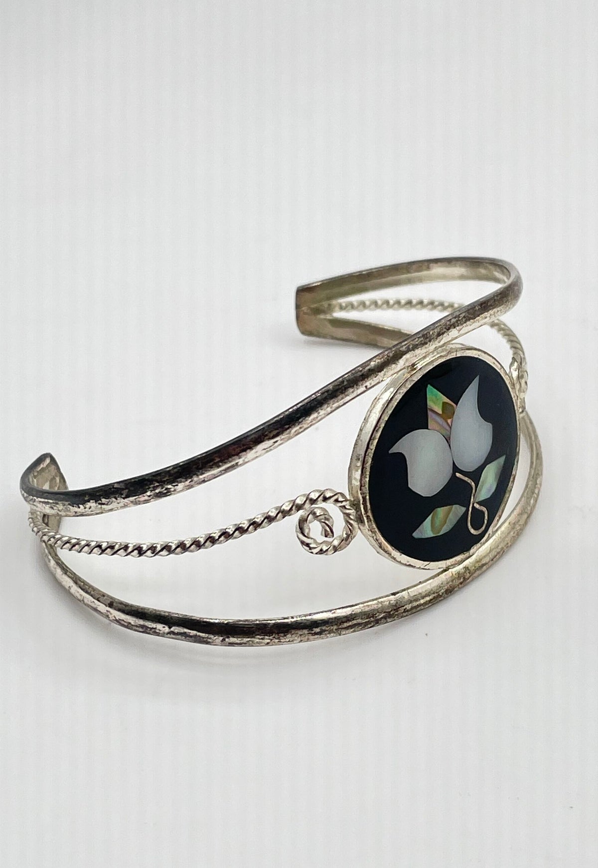Alpaca Silver Abalone MOP Inlay Black Onyx Cuff Bracelet Mexico Marked 12.7g