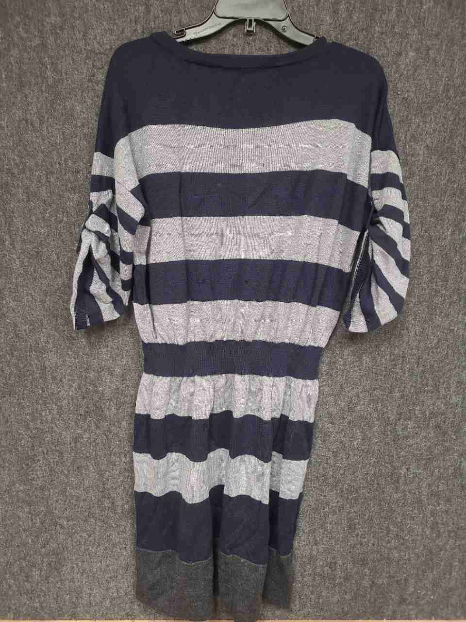 Loft Women's Knit Dress Navy Gray Striped Merino Wool Tab Sleeve Size L