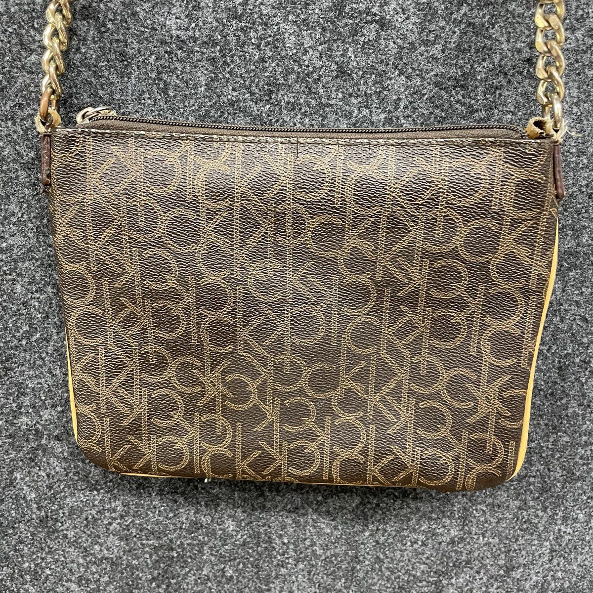 Calvin Klein Brown Tan CK Monogram Crossbody Bag Gold Tone Chain Strap
