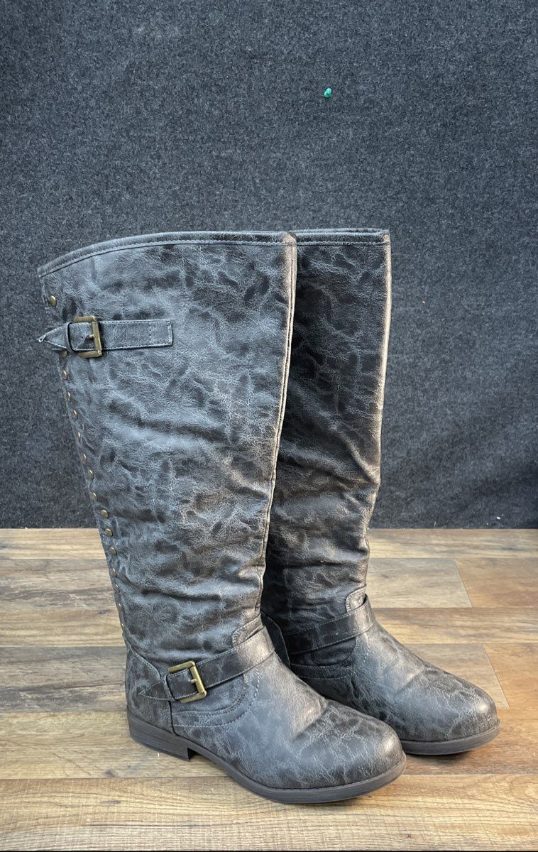 Journee Collection Gray Faux Leather Knee High Studded Back Zipper Boots 9.5