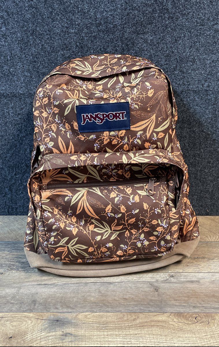 JanSport Brown Floral Botanical Suede Bottom Backpack School Daypack Bag
