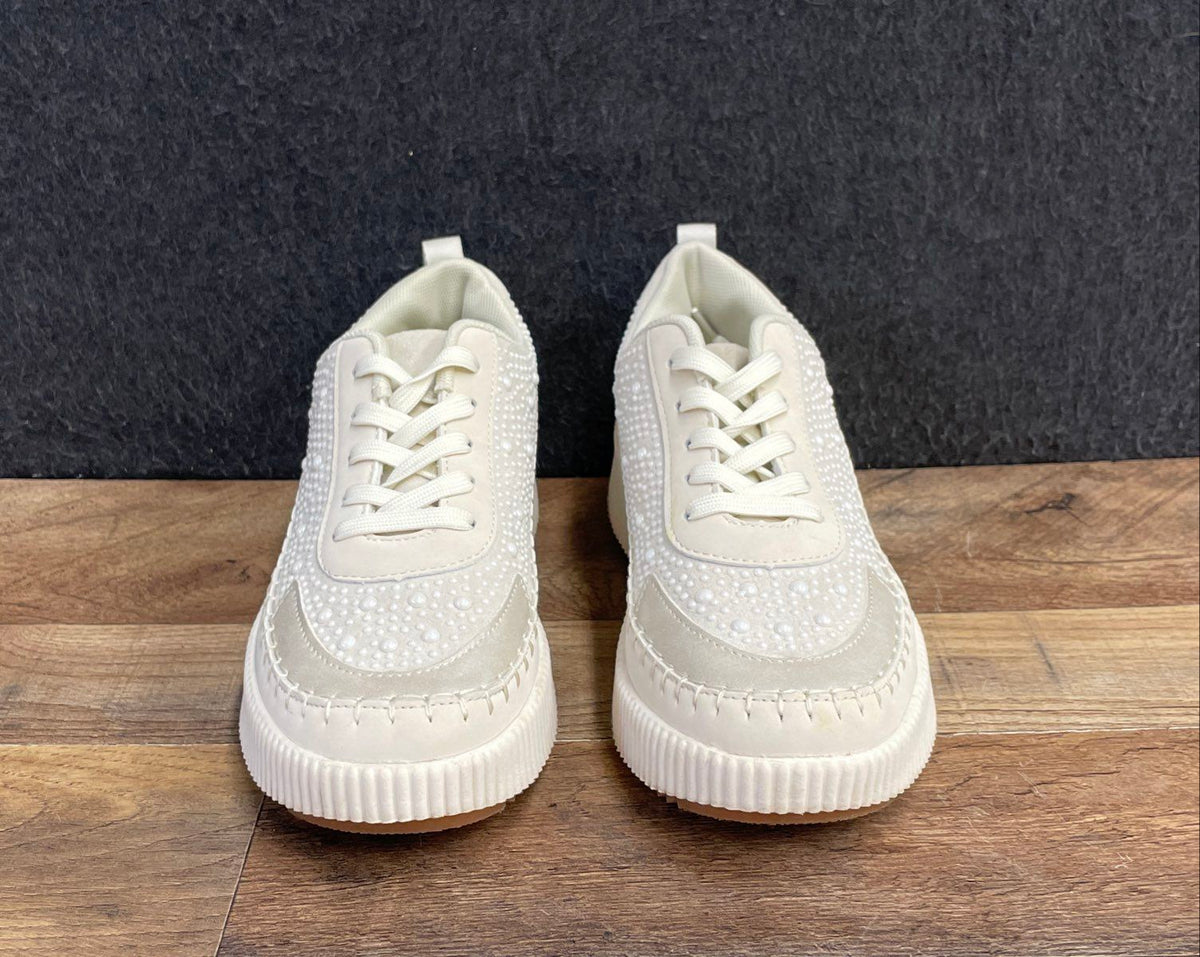 Nicole Miller New York Beaded Cream Platform Fashion Sneakers Women's Size 8.5