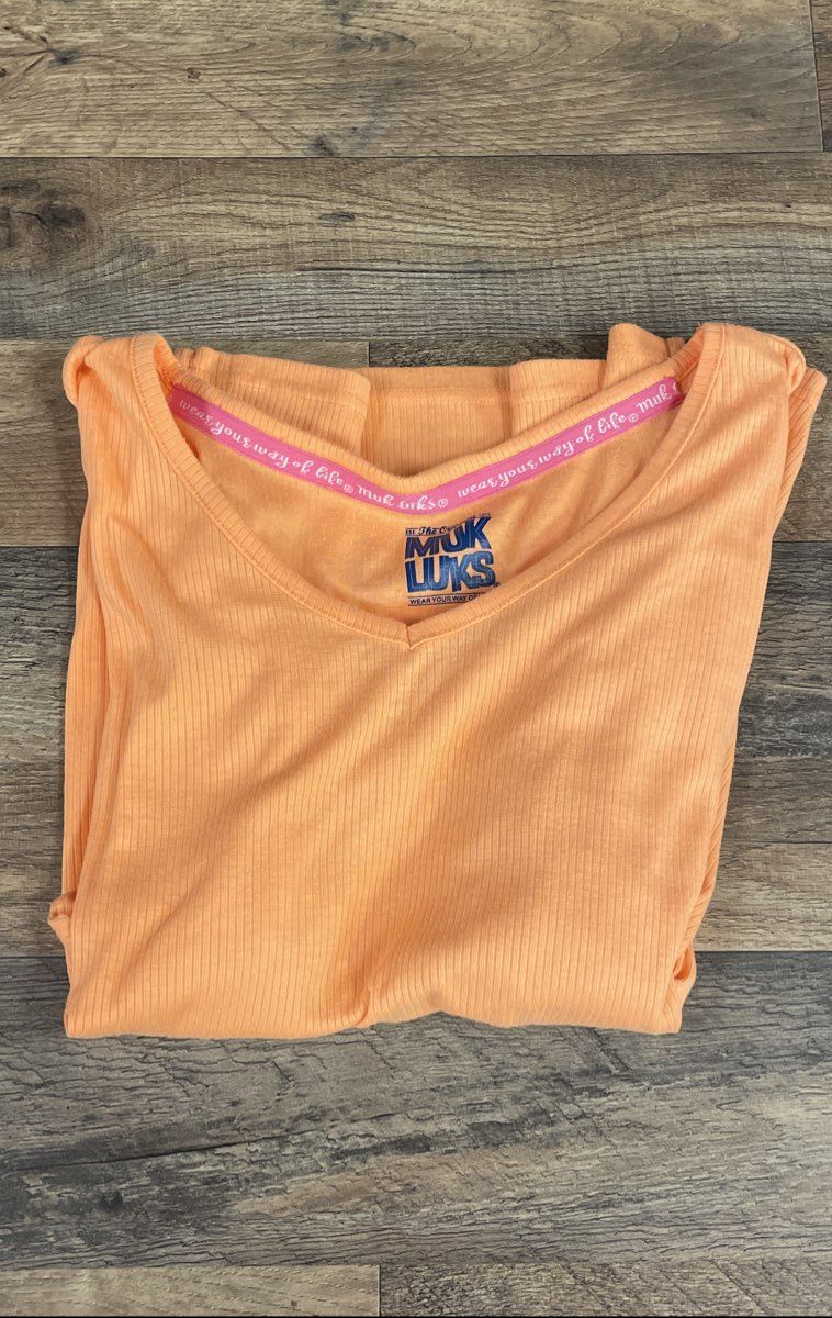 Muk Luks Women's Orange Ribbed Short Sleeve V-Neck Top Loungewear Sz 2X
