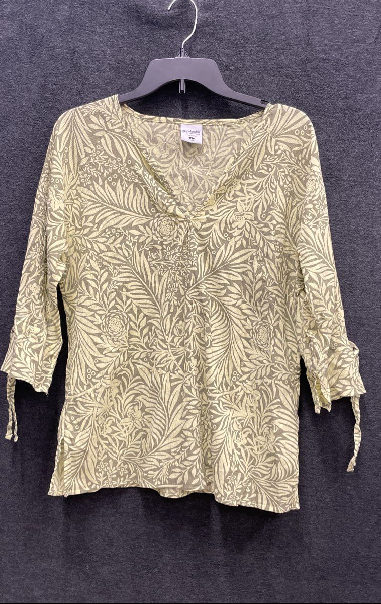 Columbia Women's Tunic Top Green Botanical Leaf Print 3/4 Tie Sleeve Sz L AL7164
