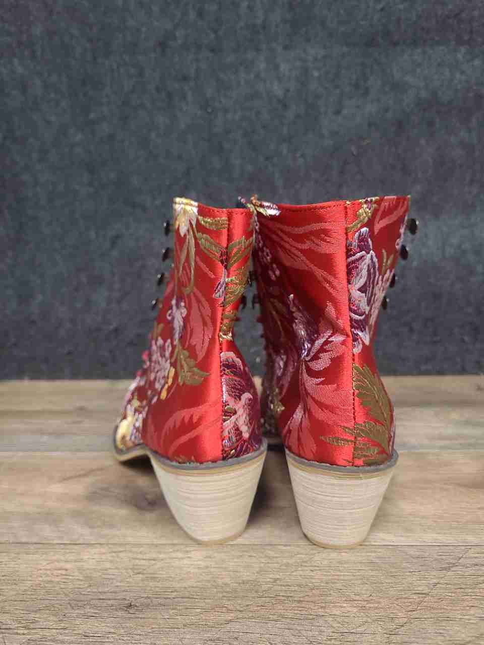 Red Floral Brocade Lace Up Pointed Toe Ankle Boots Women's Size 41