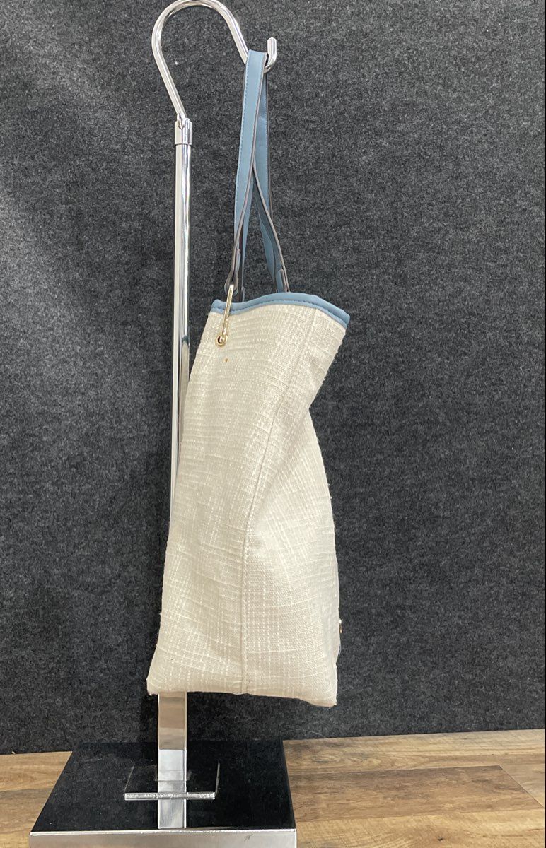 Adrienne Vittadini White Woven Fabric Blue Trim Tote Bag Gold Hardware