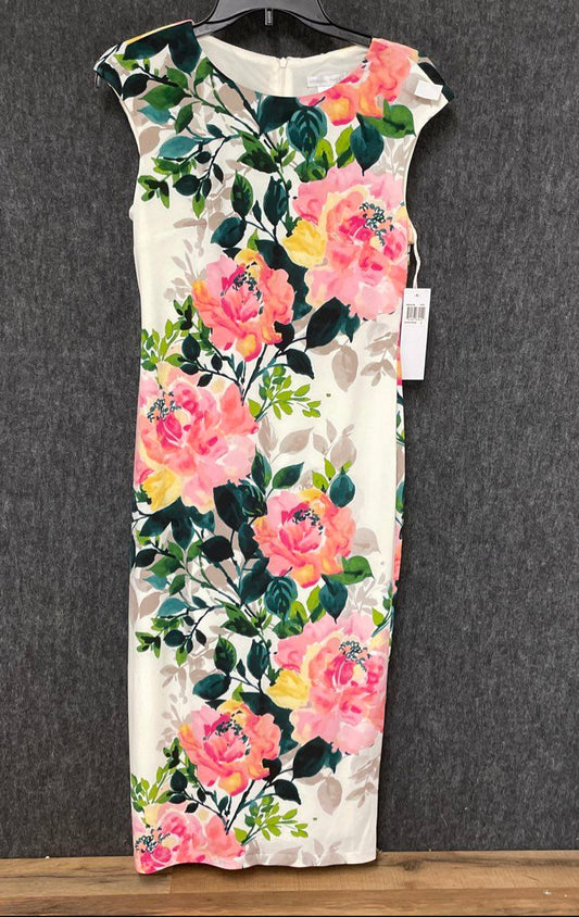 London Times Women's White Pink Floral Cap Sleeve Sheath Dress Sz 4 NWT