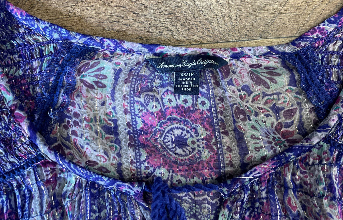 American Eagle Women's Paisley Blouse Purple Metallic Semi-Sheer Tassels Sz XS