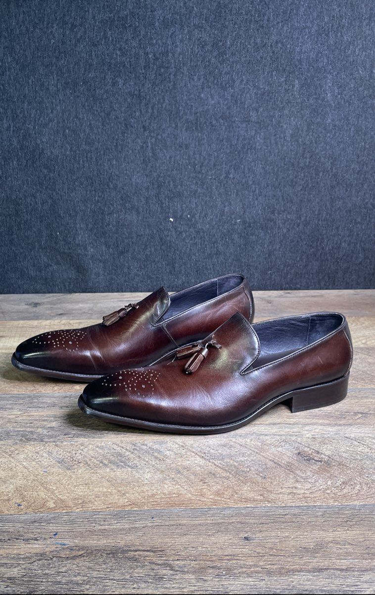 Garrucci KS503 Chestnut Dark Burgundy Leather Tassel Medallion Loafers Size 11