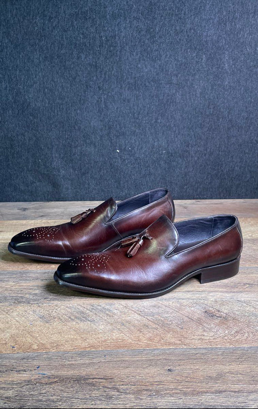 Garrucci KS503 Chestnut Dark Burgundy Leather Tassel Medallion Loafers Size 11