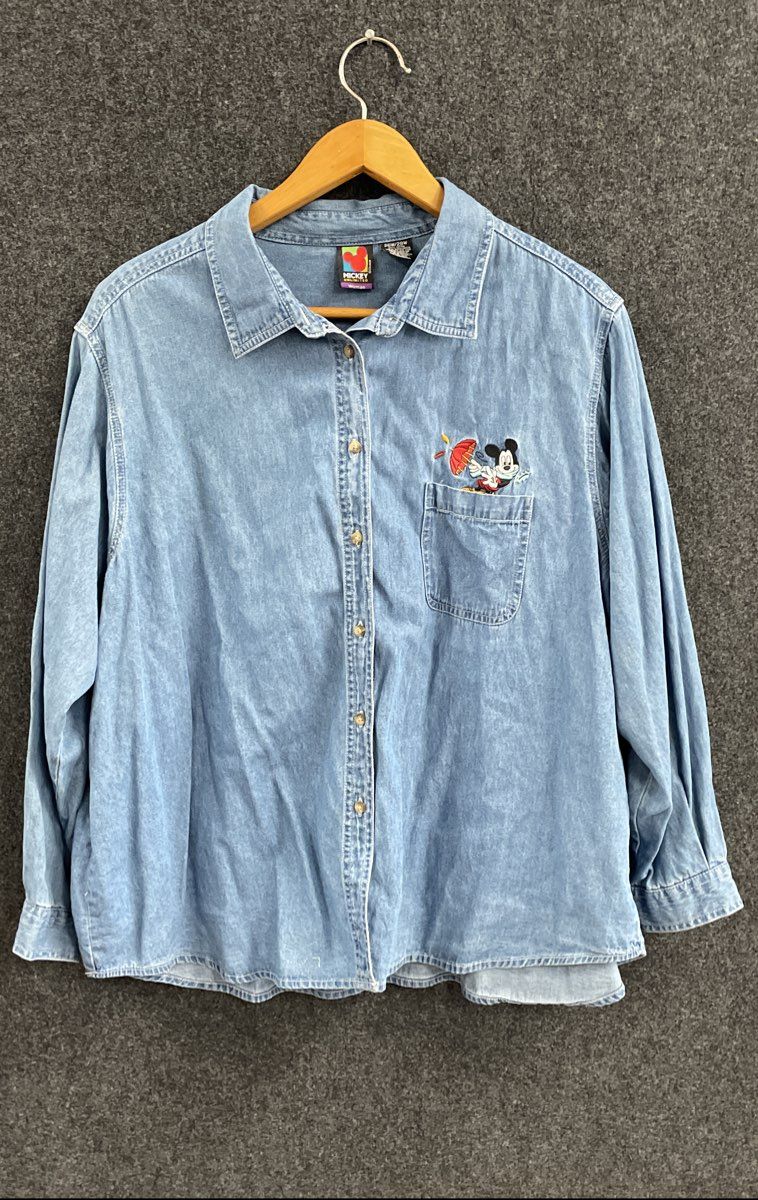 Vintage 90s Mickey Unlimited Embroidered Denim Button Up Shirt Sz 26W/28W