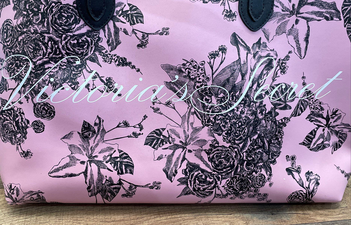 Victoria's Secret Pink & Black Floral Leather Large Tote Bag Handbag