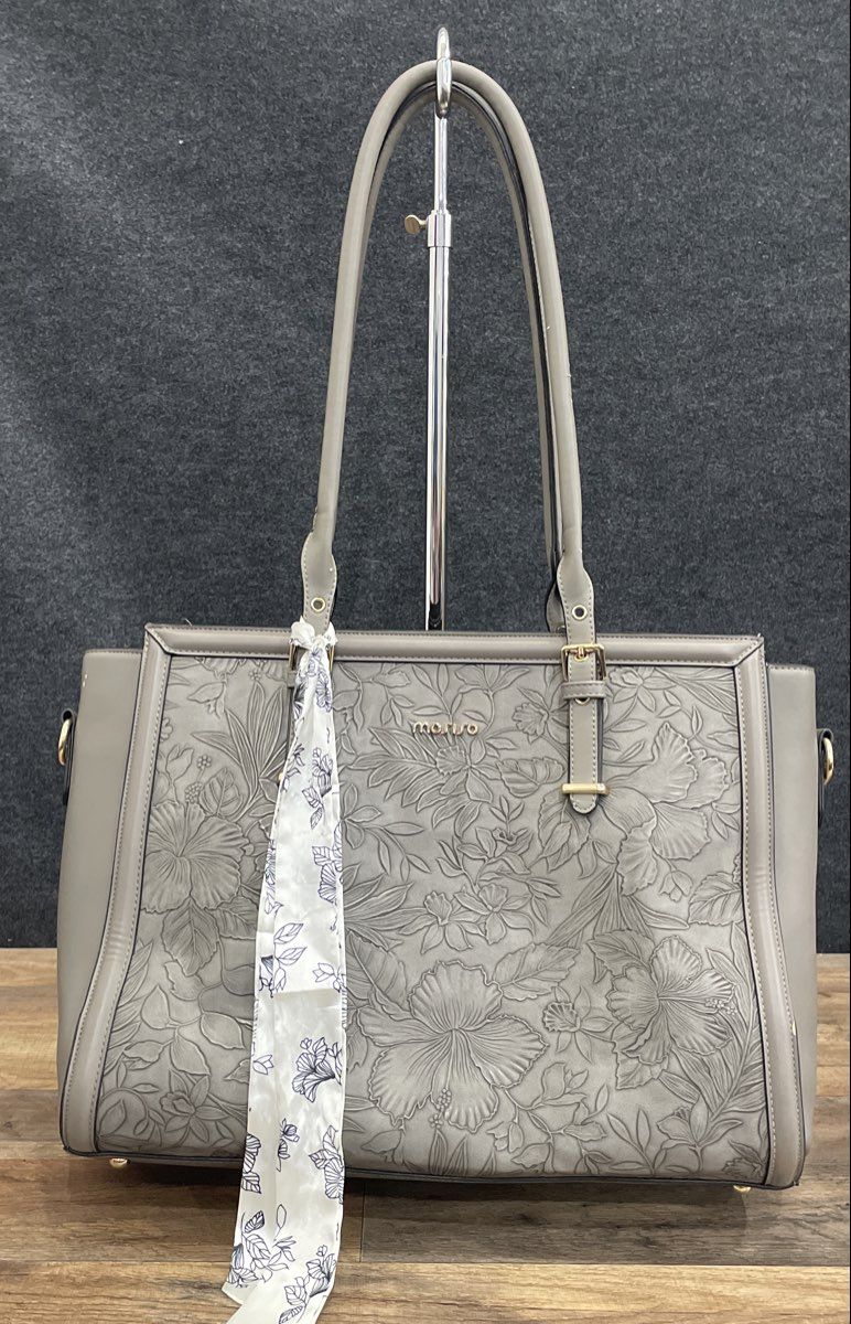 Moriso Grey Floral Embossed Large Tote Shoulder Bag Gold Hardware with Scarf