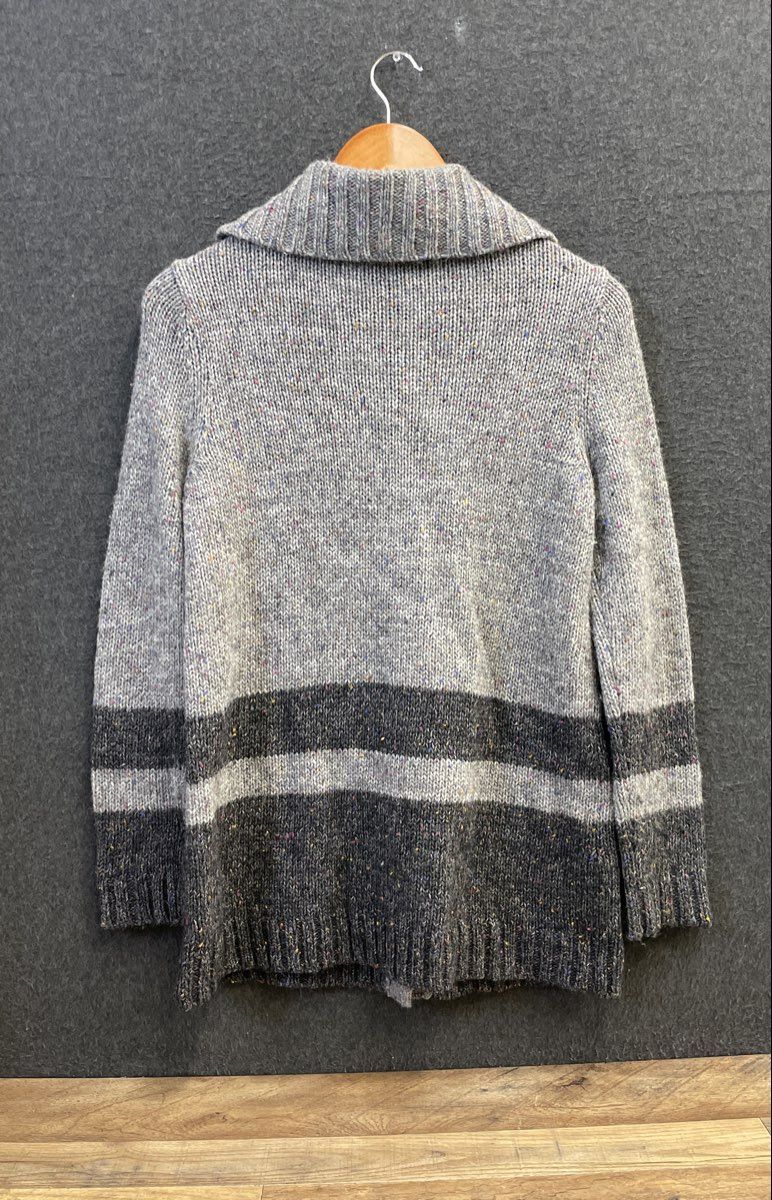 Talbots Women's Grey Wool Blend Confetti Tweed Striped Cardigan Sweater Sz MP