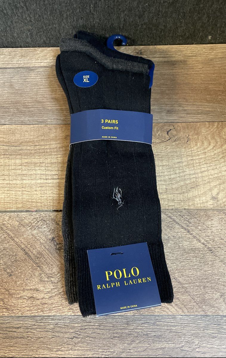 Polo Ralph Lauren Men's 3 Pairs Dress Socks Black Gray Custom Fit Ribbed XL NWT