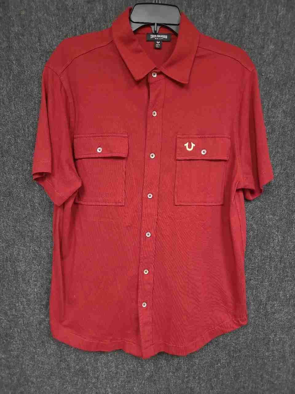 True Religion Men's Red Short Sleeve Cotton Button Down Logo Pocket Shirt Sz M