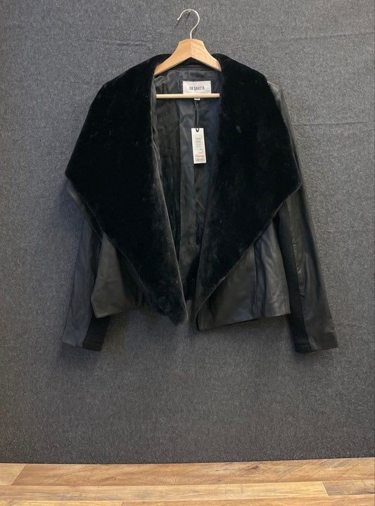 BB Dakota Women's Black Leather Drape Front Jacket Faux Fur Collar Sz M NWT