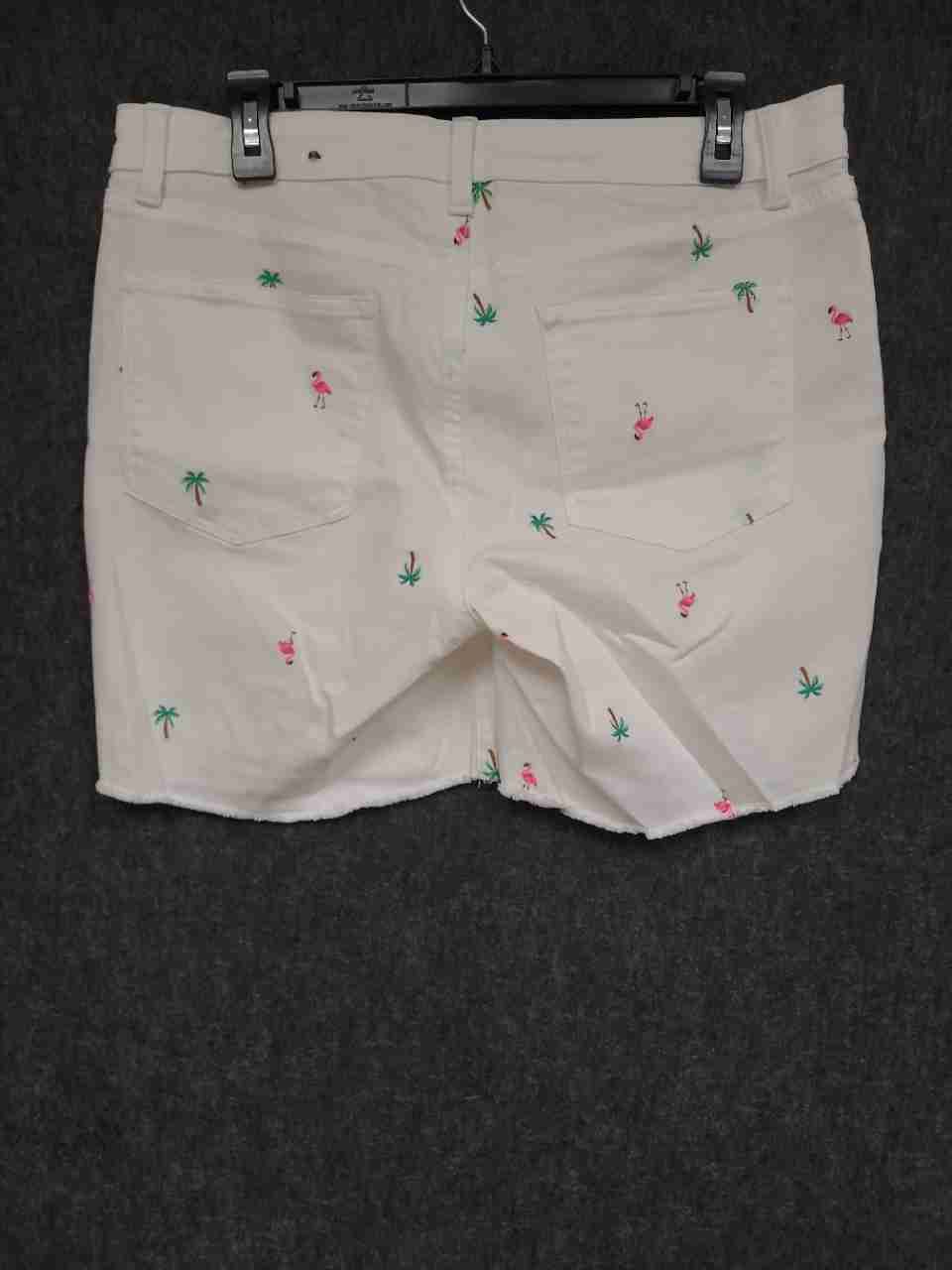 Talbots Women's White Denim Shorts Embroidered Flamingo Palm Raw Hem Sz 10 NWT