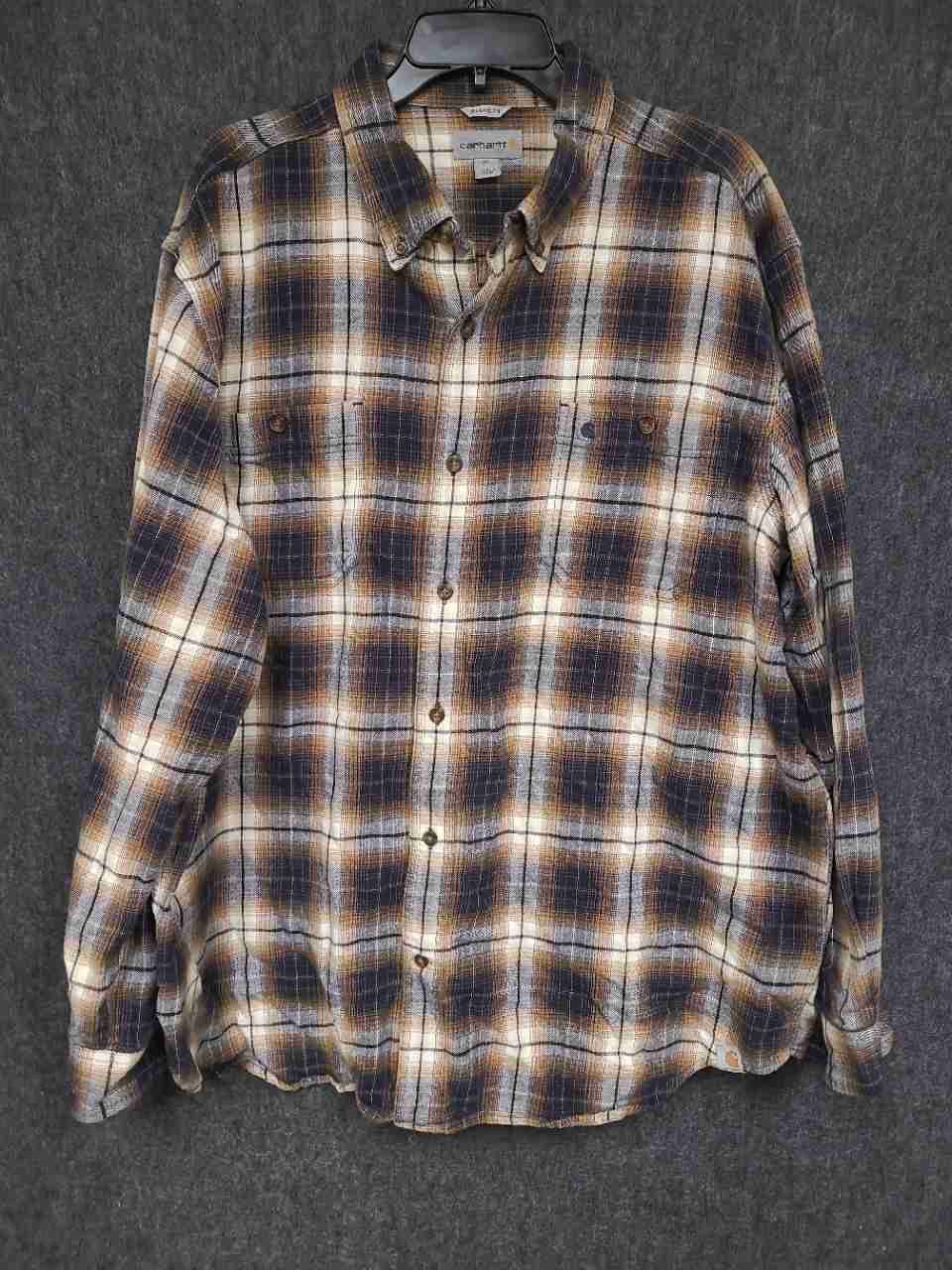 Carhartt Men's Brown Navy Plaid Relaxed Fit Flannel Button Down Shirt Sz 2XL