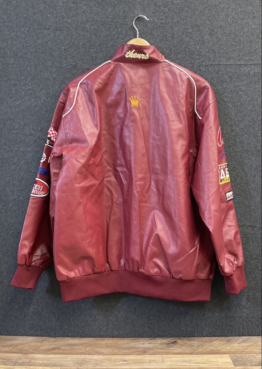Elfric Eden Men's Faux Leather Varsity Racing Jacket Burgundy Patch NWT Sz XS