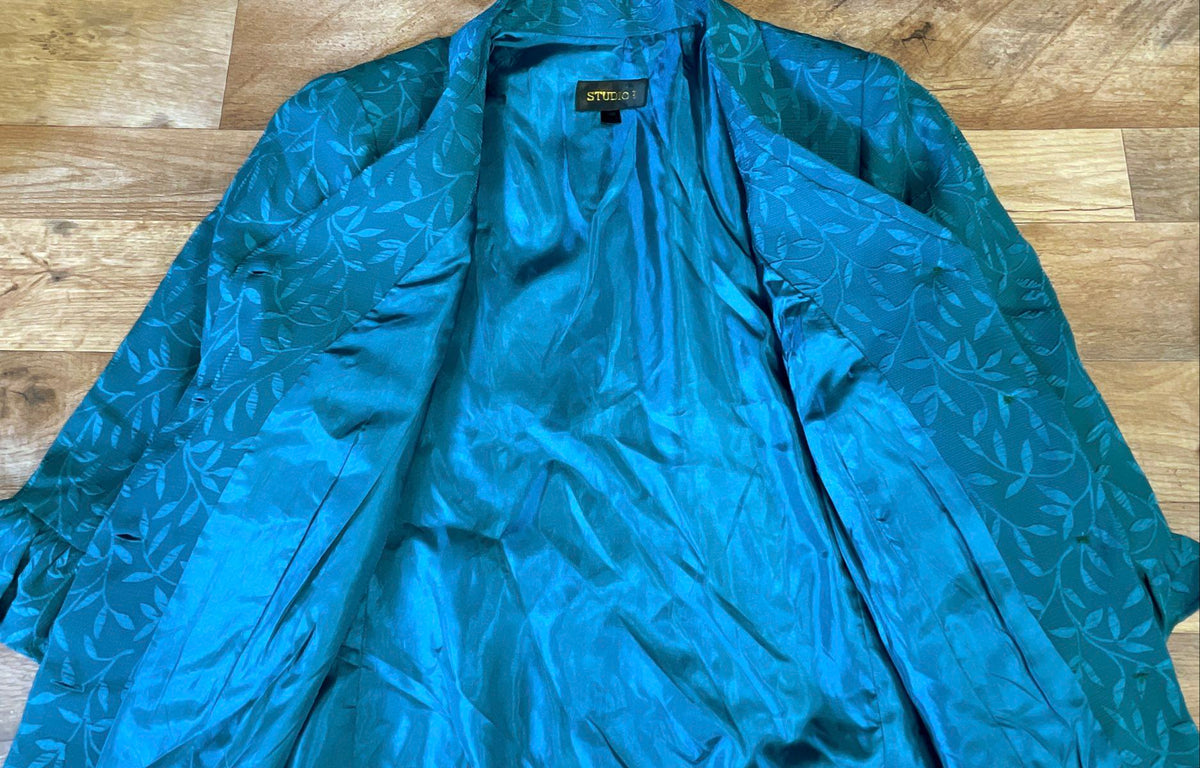 Studio I Women's Teal Leaf Jacquard 3/4 Sleeve Ruffle Cuff Blazer Sz 16W