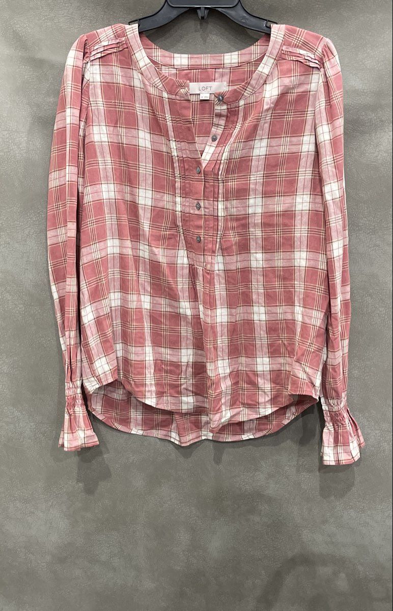 LOFT Women's Pink Plaid Rayon Linen Pintuck Popover Blouse Ruffle Cuff Sz M